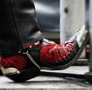 

MEN'S BLACK RED COLLISION PATTERN FASHION METAL RING BUCKLE GOLD POINTED HIGH QUALITY LEATHER BOOTS D334
