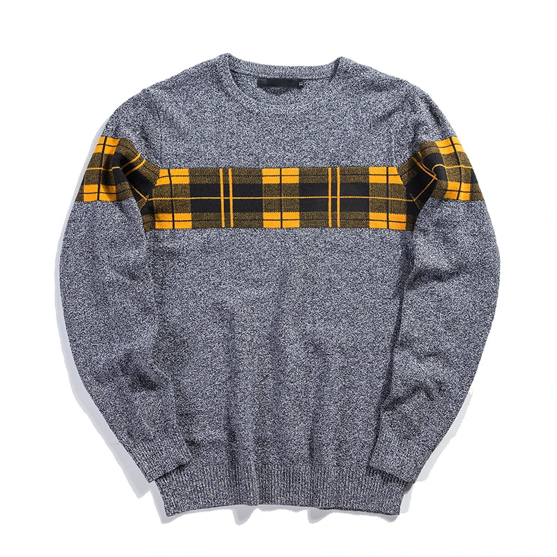 

2019 Autumn Korean Men Fashion Clothing Plaid Knit Sweater Jacuqard Male Sweater Men Slim Fit Pullvoer Men Yellow Sweater Jersey