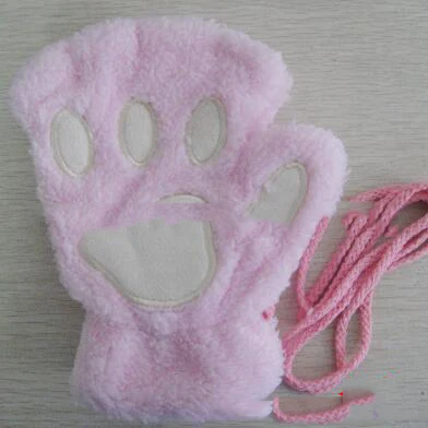 Women Cute Cat Claw Paw Plush Mittens Warm Soft Plush Short Fingerless Fluffy Bear Cat Gloves Costume Half Finger Black Beige - Цвет: G