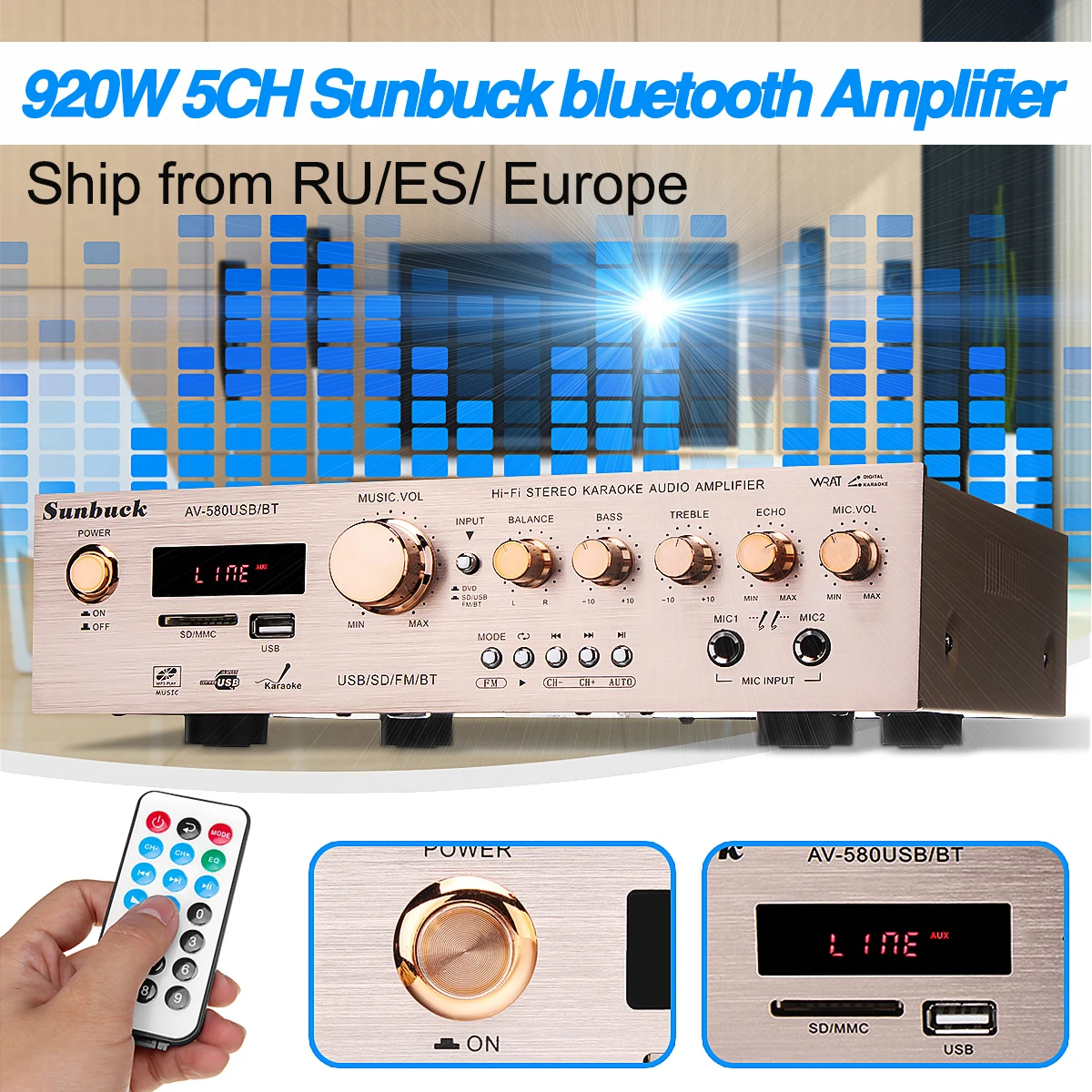 Bluetooth усилитель 920 Вт 220 В 5 каналов Hi Fi стерео AV объемный FM караоке кинотеатр