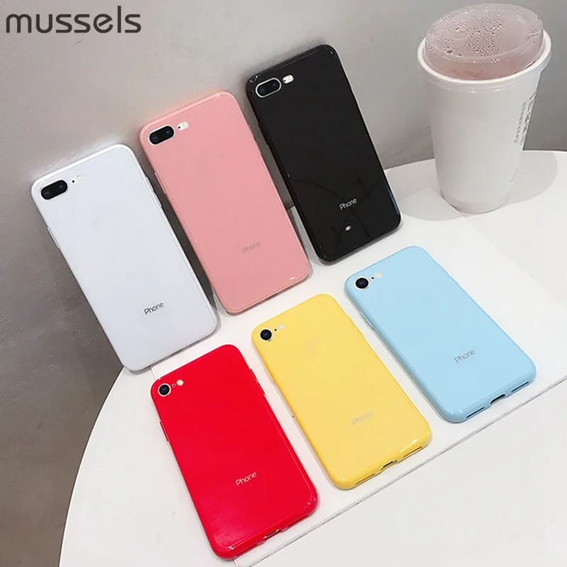 

MUSSELS Candy Color Tempered Glass Phone Case Cover For iphone 6 7 8 Plus X XS XR MAX Luxury Shockproof Phone Back Cover Coques