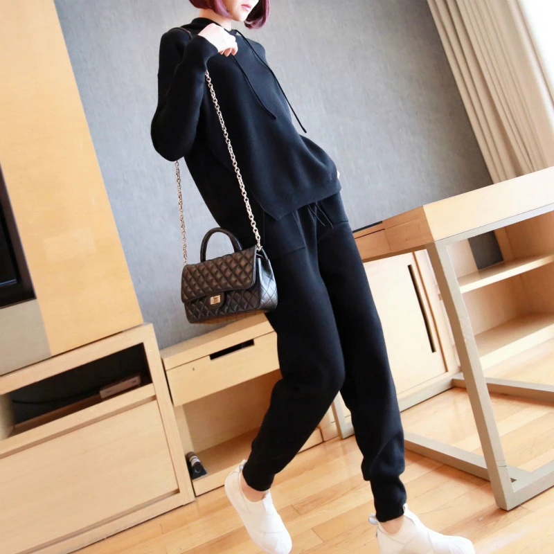 

M-XXL Plus Size Solid High Quality Knitted Sport 2 Piece Set for Ladies Knitting Hoodies and Sweater Pants Black Autumn Suit Set