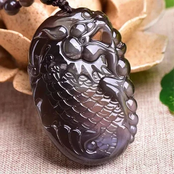 

Fine Carved Black Natural Obsidian Stone Pendants Dragon Fish Pendants Necklace Blessing Lucky for Men Women Crystal Jewelry