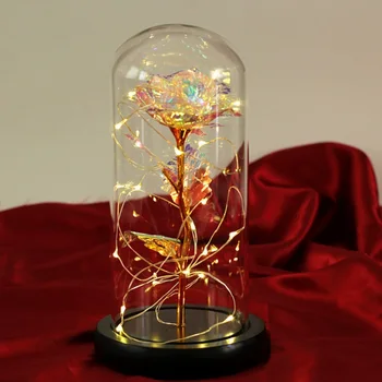 

Artificial Gold Foil Rose Flower And LED Light String In Glass Dome On Wooden Base The Best Gift For Women(Battery Not Included)