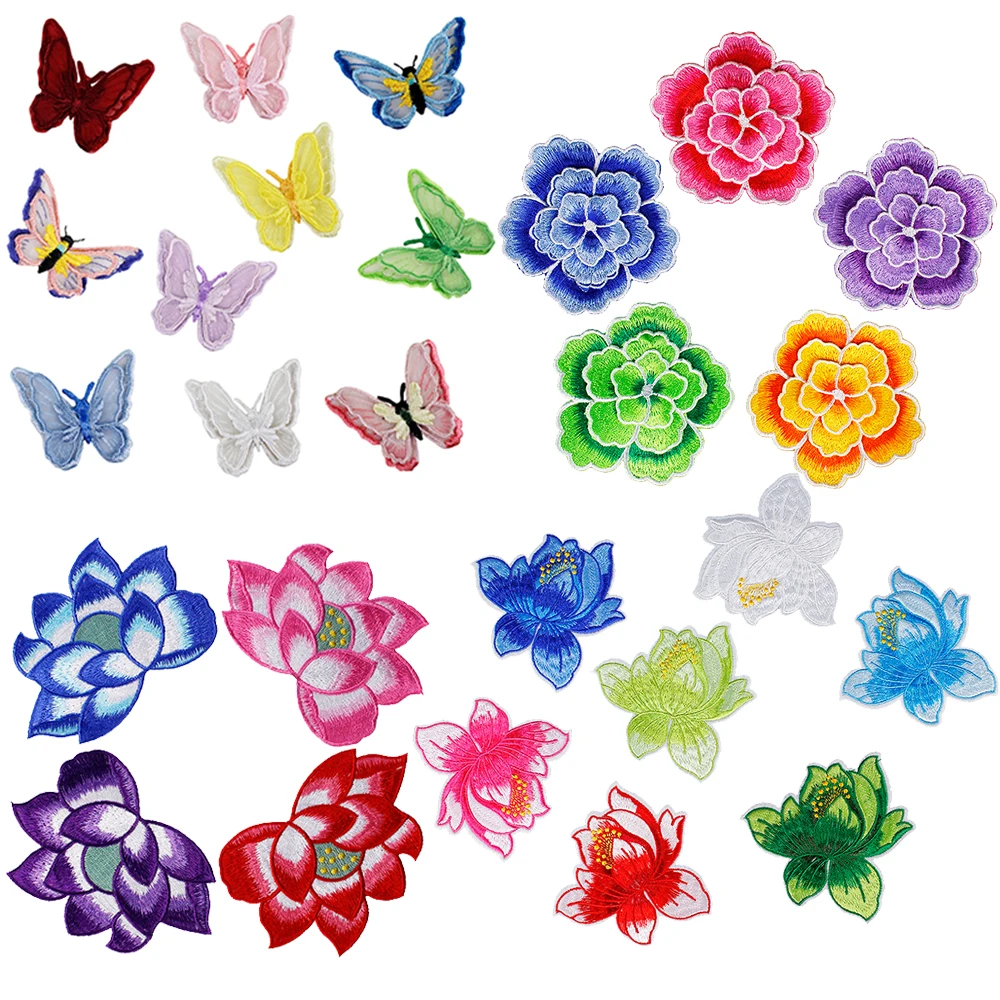 4 PCS New Butterflies Flower Applique Clothing Embroidery Patch Fabric Sticker Iron on Sew on Patch Craft Sewing Repair Embroidered