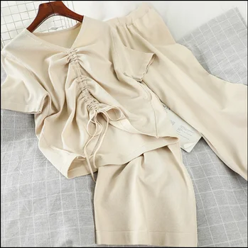 

New Spring and Summer Leisure Women Suit Loose-Fit Drawstring Short-sleeved Knitted Shirt Tops + Wide-Leg Pants Two-Piece Set