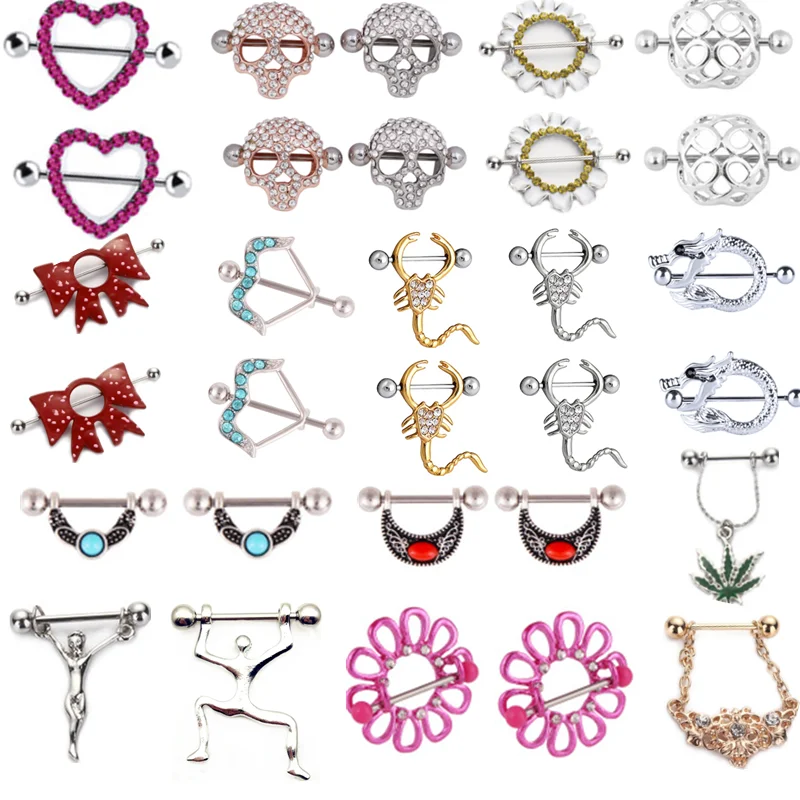 

1Pair Stainless Steel Nipple Ring Piercing Bar Sexy Flower Nipple Shield Pircing Pezon Mujer Skull Jesus Tepel Jewelry Body