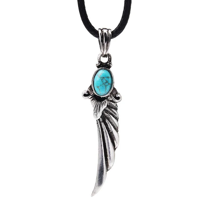 Tibetan Silver Angel Wing Feather Necklace Blue Beads Pendants Long Waxed Cotton Cord Chain Women Men Jewelry | Украшения и