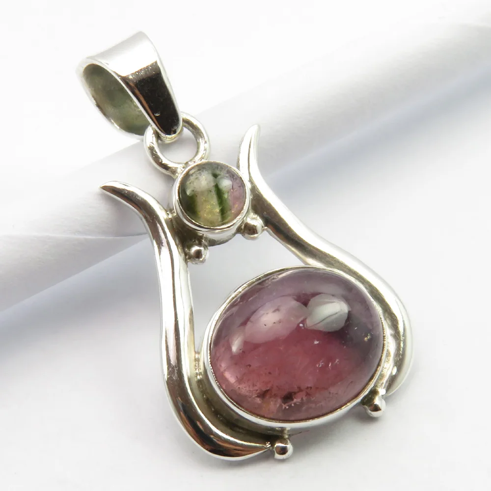 

Solid Silver Multicolor Tourmaline 2 Stone Pendant 1.1" Fashion Stone