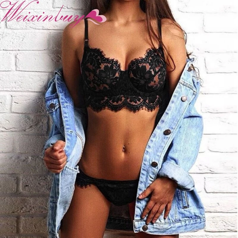 

Sexy Women Ultra-thin Bra Plus Underwear Lace Women Up 2018 Black For F1 Push Bralette Set Size Floral Lingerie
