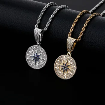 

AAA CZ Stone Paved Compass Pendants Necklaces for Men Rapper Hip Hop Jewelry
