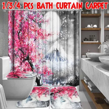 

1/3/4 Pcs Sakura Snow Mountain Printing Bathroom Shower Curtain Sets Non-Slip Waterproof Rug Toilet Lid Cover Bath Home Decor