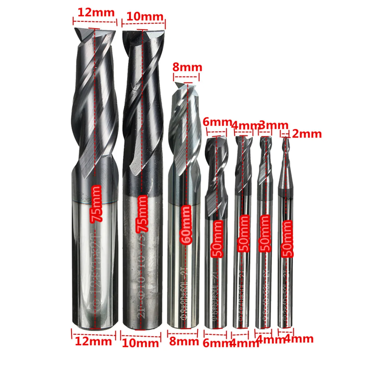 

7PCS Solid Carbide Straight Shank Milling Cutter Kit Set 2 Flute End Mill CNC Cutter Drill Bit Tool 2/3/4/6/8/10/12mm