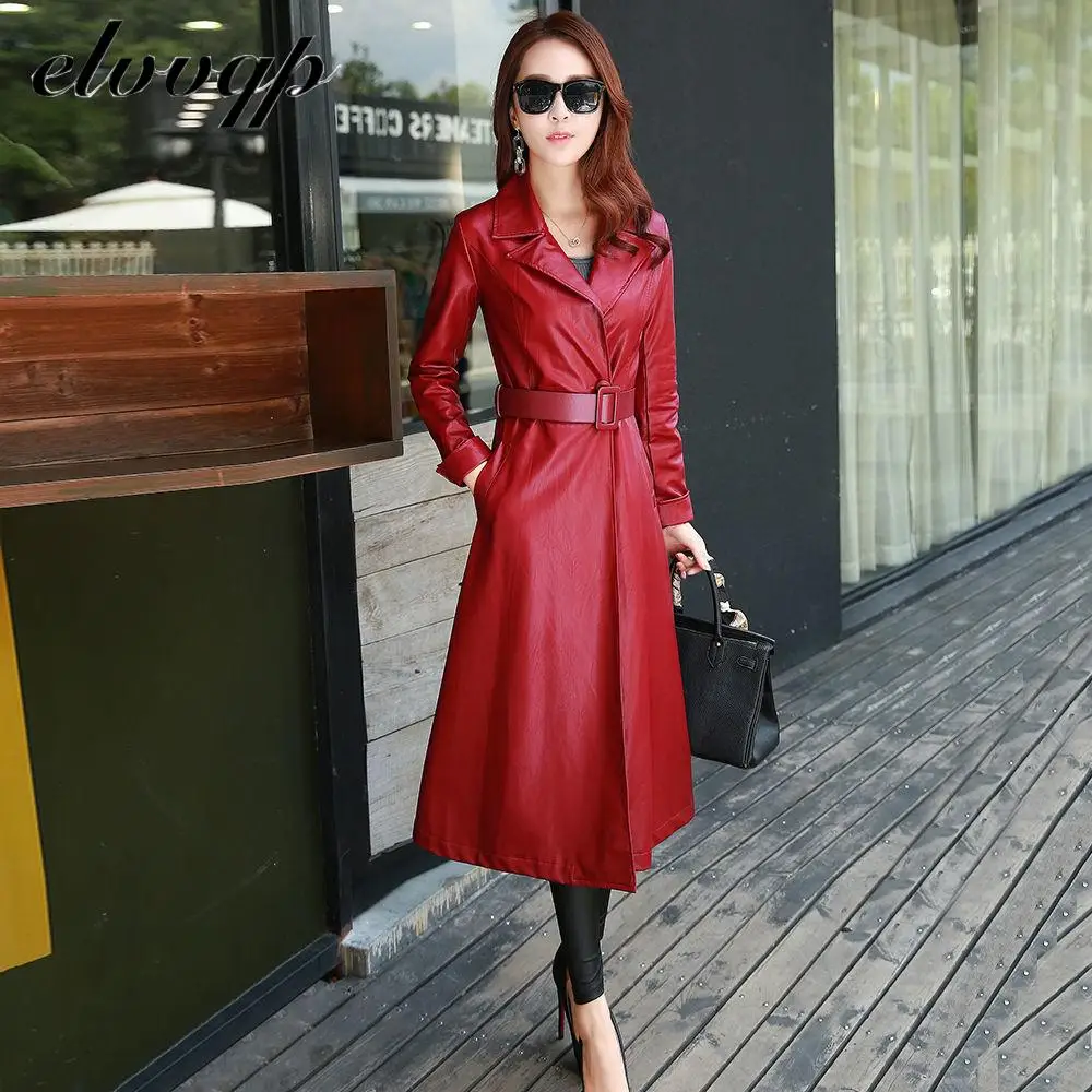 

High Quality 2020 New Black Red Women Jacket Long Elegant Spring Women Leather Coat Long Sleeve Waist Strap Pocket Female Jacket