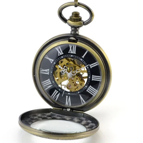 Ретро Бронзовый механический Карманный кармашек для часов цепь Римский циферблат полый стимпанк Скелет Мужские и женские мужские часы