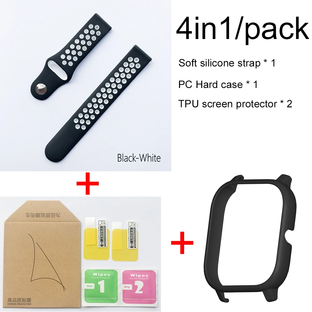 4в1 для Xiaomi Huami Amazfit GTS спортивный силиконовый ремешок для часов Ремешок Браслет с PC чехол Защита экрана - Color: blackwhite-blackcase