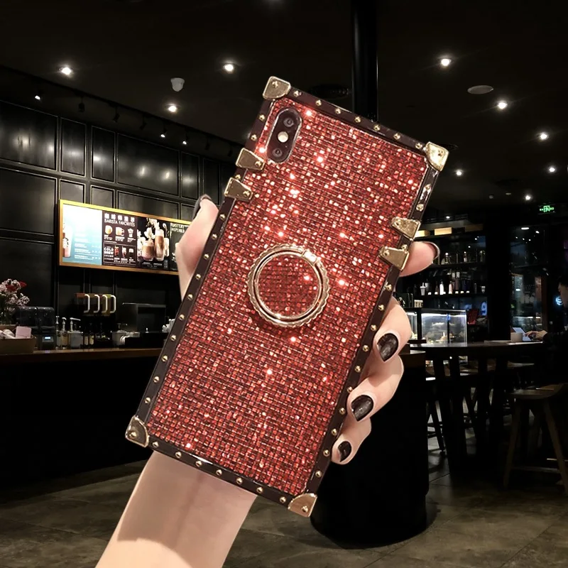 Роскошный квадратный металлический чехол-подставка с заклепками для iPhone 11Pro 7 8 Plus X XR XS MAX, чехол для телефона s для samsung Galaxy Note10 9 S9 S10 Plus - Цвет: Red