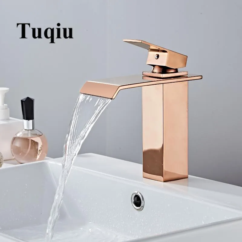 

Rose Gold Bathroom Fauce Solid Brass Bathroom Basin Faucet Cold And Hot Waterfall Mixer Sink Tap Single Handle Deck Mounted Tap