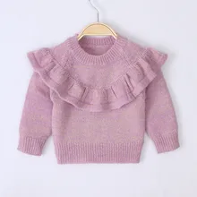 Вязаный свитер с длинными рукавами и оборками; топы для новорожденных; одежда для маленьких девочек; Зимний толстый теплый пуловер; свитер для маленьких девочек