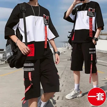 

NiceMix streetwear 2pcs set men Short-sleeved Shorts Two-piece Suit Male Summer Student Youth Hip Hop Sports Style All Matching