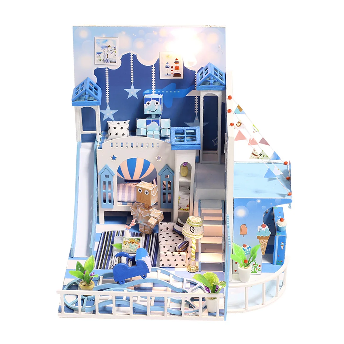 

DIY Creative Handmade Theme Wooden Cabin Assembly Building Model Toy Set DollHouse Decorations Model Educational Toy 2 Colors