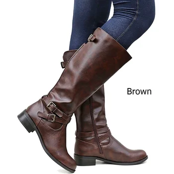 

New Fashion 2020 Autumn Winter Leather Boots Women Casual Zipper Knee High Boots Vintage Roman Boots Buckle Shoes Women Boots