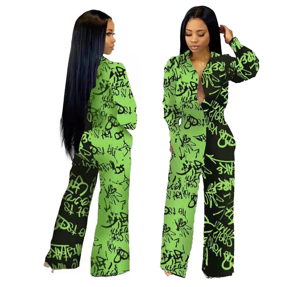 Женский комбинезон свободного кроя с v-образным вырезом,, цветочный принт, широкие штанины, женский комбинезон с длинным рукавом, элегантная верхняя одежда большого размера
