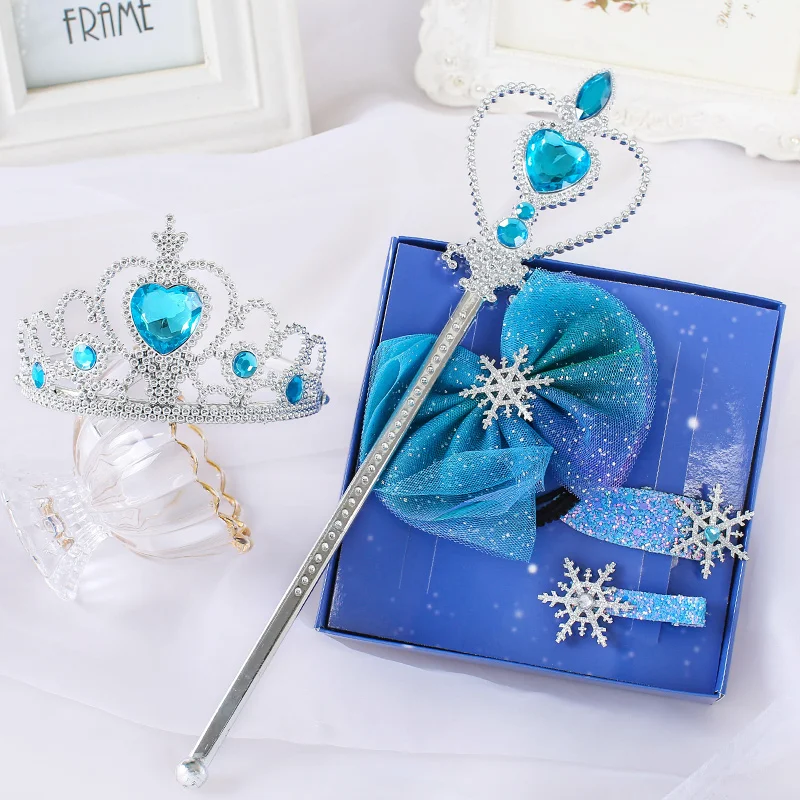 Princess Snowflake Hair Bows Blue Starry Mesh Hair Clips Bows Magic wand Christmas Gift Cosplay Party Dance Kid Hair Accessories