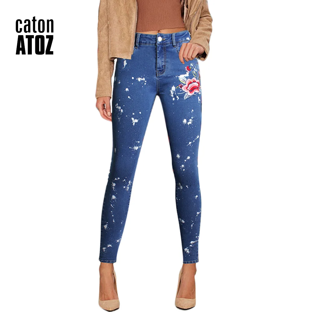 

catonATOZ 2108 Women's Vintage Flower Embroidery Jeans Pencil Stretch Denim Pants Female Skinny Trousers Woman High waist Jeans