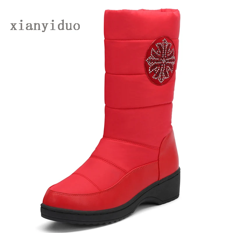 Xianyiduo/ г. Зимняя женская обувь для взрослых зимние сапоги на платформе красные, белые сапоги до середины икры с кристаллами, большие размеры 40-44, короткие плюшевые сапоги