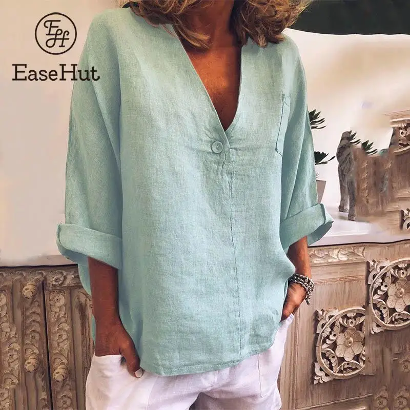 

EaseHut Vintage Women Casual Solid Blouse Deep V Neck 3/4 Sleeve Pocket Button Tops Loose Casual Shirts Blouse Female blusas