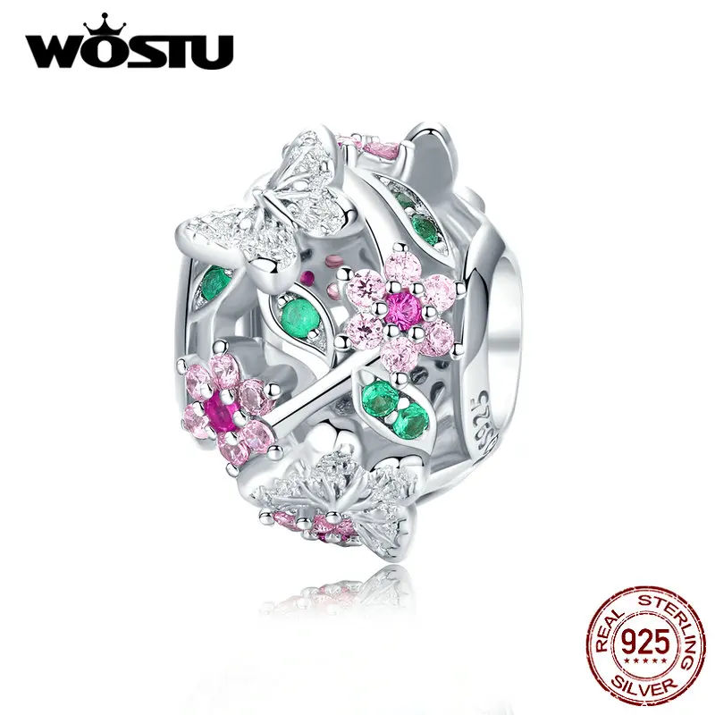WOSTU Настоящее 925 пробы серебряные бабочки и цветы бусины розовый циркон подходит