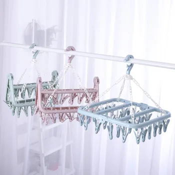 

32Clip Foldable Drying Rack Underwear Sock Clip Hanger Multi-function Clothes Windproof Storage Rack Plastic Clothes Drying Rack
