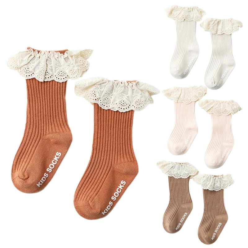 Toddler Infant Baby Girls Knee High Socks with Grips Ruffled Lace Patchwork Ribbed Knit Solid