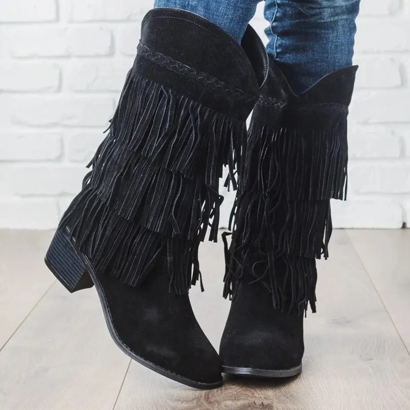 MoneRffi Bohemian boho heel boot ethnic women tassel fringe Faux suede leather ankle boots woman girl flat shoes booties 2019