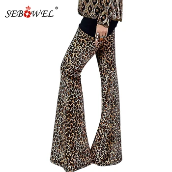

SEBOWEL Spring Autumn Leopard Print Flare Pants for Women Casual Animal Cheetah Print High Waist Trousers Female Bell Bottoms XL