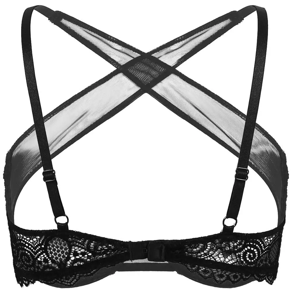 Womens See Through Sheer Mesh Braltte Lingerie Spaghetti Straps Crisscross Llace Trim Hollow Out Breast Uncderwired Cups Bra Top - Image 2