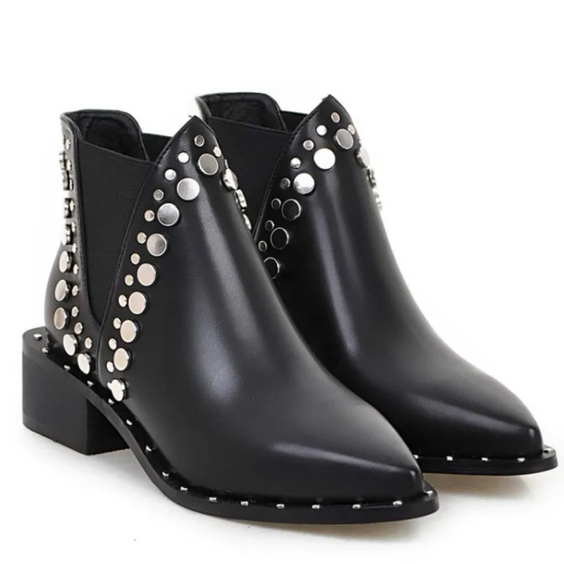 

Rivets Faux Leather Booties Sequin Thick Heel Black Ankle Women Boots Studded Decorated Woman Boots Motorcycle Size 35-40 N8-21