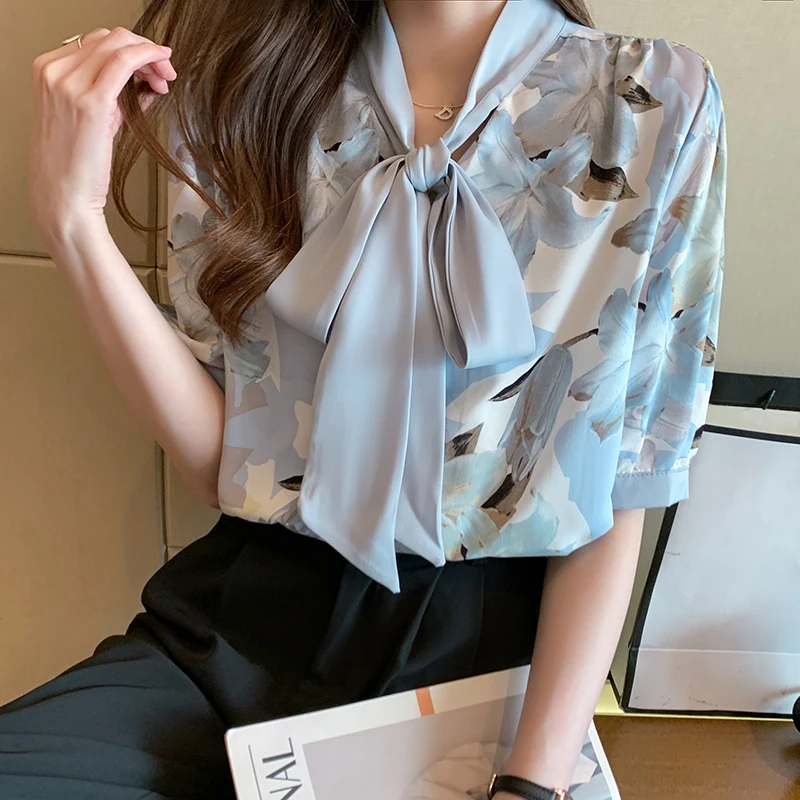 QOERLIN Yellow Printed Floral Shirts Women Summer Half Sleeve Bowtie Fashion Korean Tops Loose Casual Office Ladies Clothing New half of a yellow sun