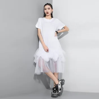 

2020 Summer Pullover Mesh Patchwork Short Sleeve Dress For Women Solid Color Irregular Long Dresses With 3colors New Arrivals