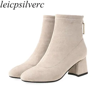 

Women Boots Autumn Winter Med Heel Warm Flock Round Toe Zipper Ankle Chelsea Shoes Crystal 2019 Sexy Fashion Black Beige Plush