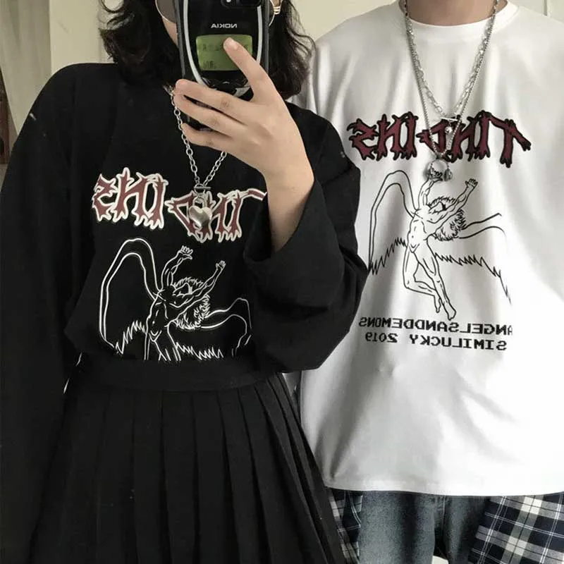NiceMix весна корейский осень ulzzang Харадзюку улица хип-хоп Темный Ретро Ангел печать футболка ins модная свободная повседневная женская