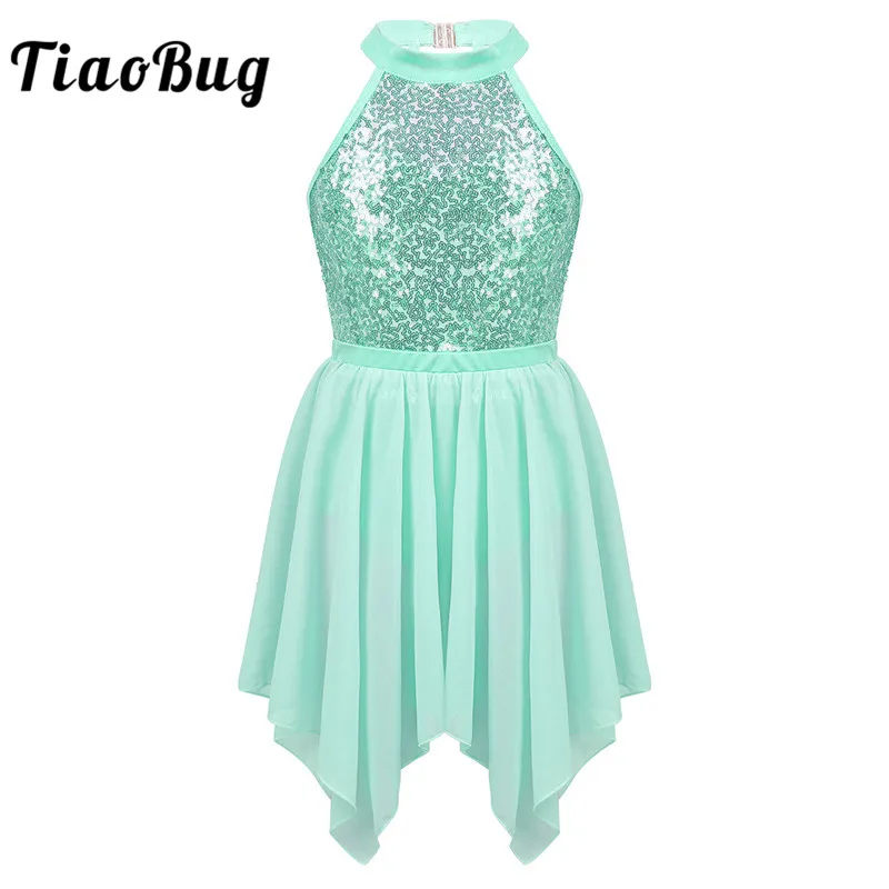 

TiaoBug Kids Sequins Two-piece Gymnastics Leotard with Chiffon Ballet Skirt Set Girls Figure Skating Dress Lyrical Dance Costume