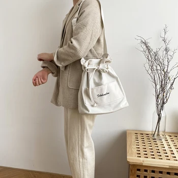 

Hot Sell Women Canvas Cotton Bag Casual Letter Drawstring Bucket Bag Lady Crossbody Shoulder Bag Korean Canvas Middle Youth Bag
