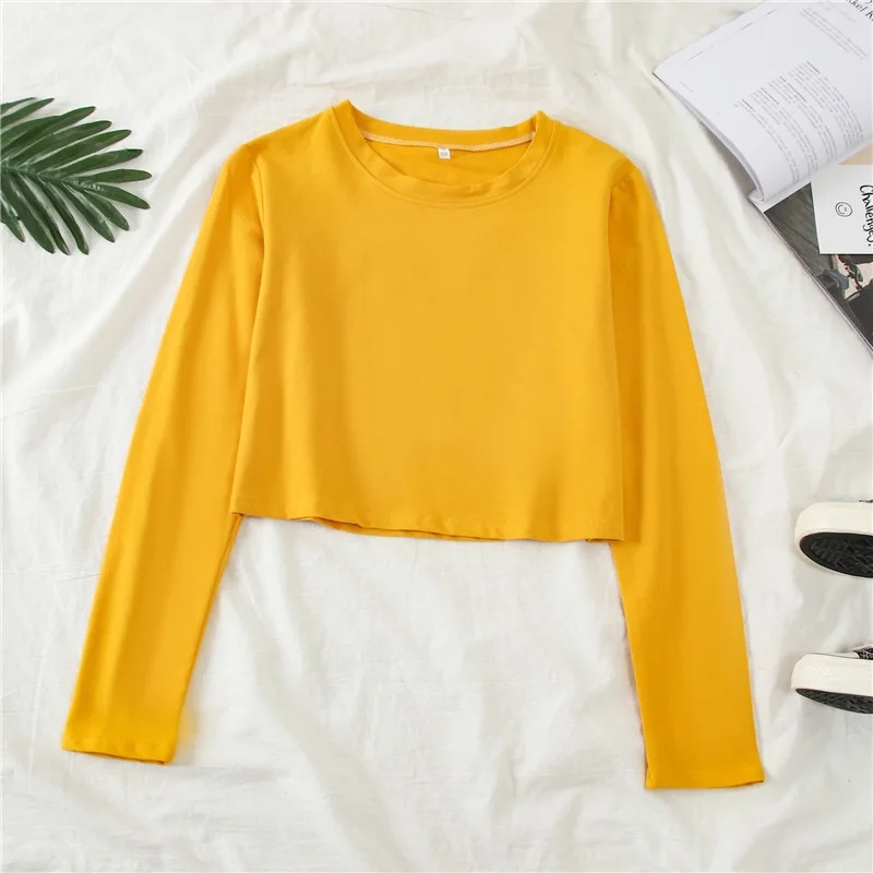 yellow Женская футболка, короткий топ с длинным рукавом, корейский стиль, уличная одежда, однотонная, повседневная, сексуальная, Harajuku Kawaii, хлопковая футболка, Camisa Mujer, короткая - Цвет: yellow
