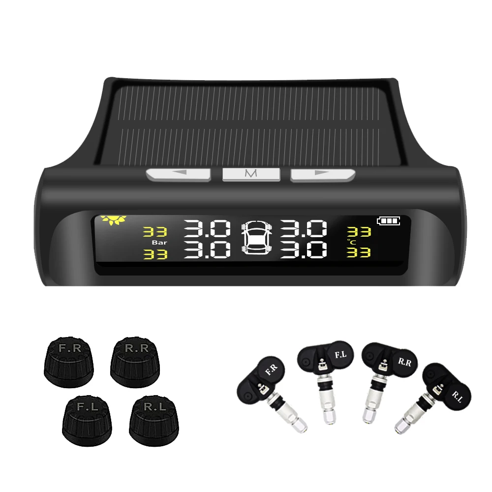 TPMS система контроля давления в шинах Солнечная энергия цифровой ЖК-дисплей 4 колеса внутренний внешний датчик давления температура Предупреждение