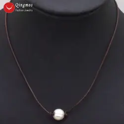 Qingmos натуральный пресноводный жемчуг кулон ожерелье для женщин с 10-11 мм картофель белый жемчуг Чокеры 18 "коричневый натуральная кожа