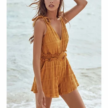 

Women Shorts Rompers V-Neck Sexy Bodysuit Mini Rompers Yellow