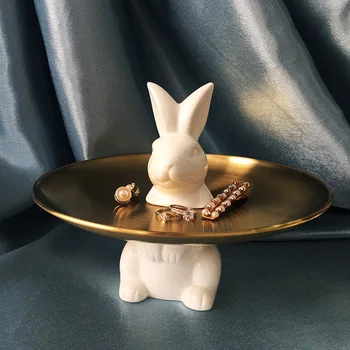 Królik słodki talerz talerze ceramiczne złote ciasta tace serwowanie tace dekoracyjne luksusowe biżuteria taca tanie i dobre opinie CN (pochodzenie) ROUND cartoon