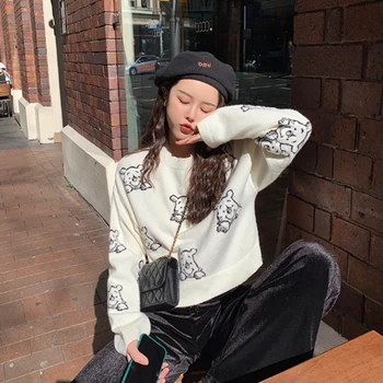 

Covering Yarn Knitted Sweater Women Fall 2019 Korean Style Kawaii Cartoon Winnie the Pooh Pullover Black White Knitwear